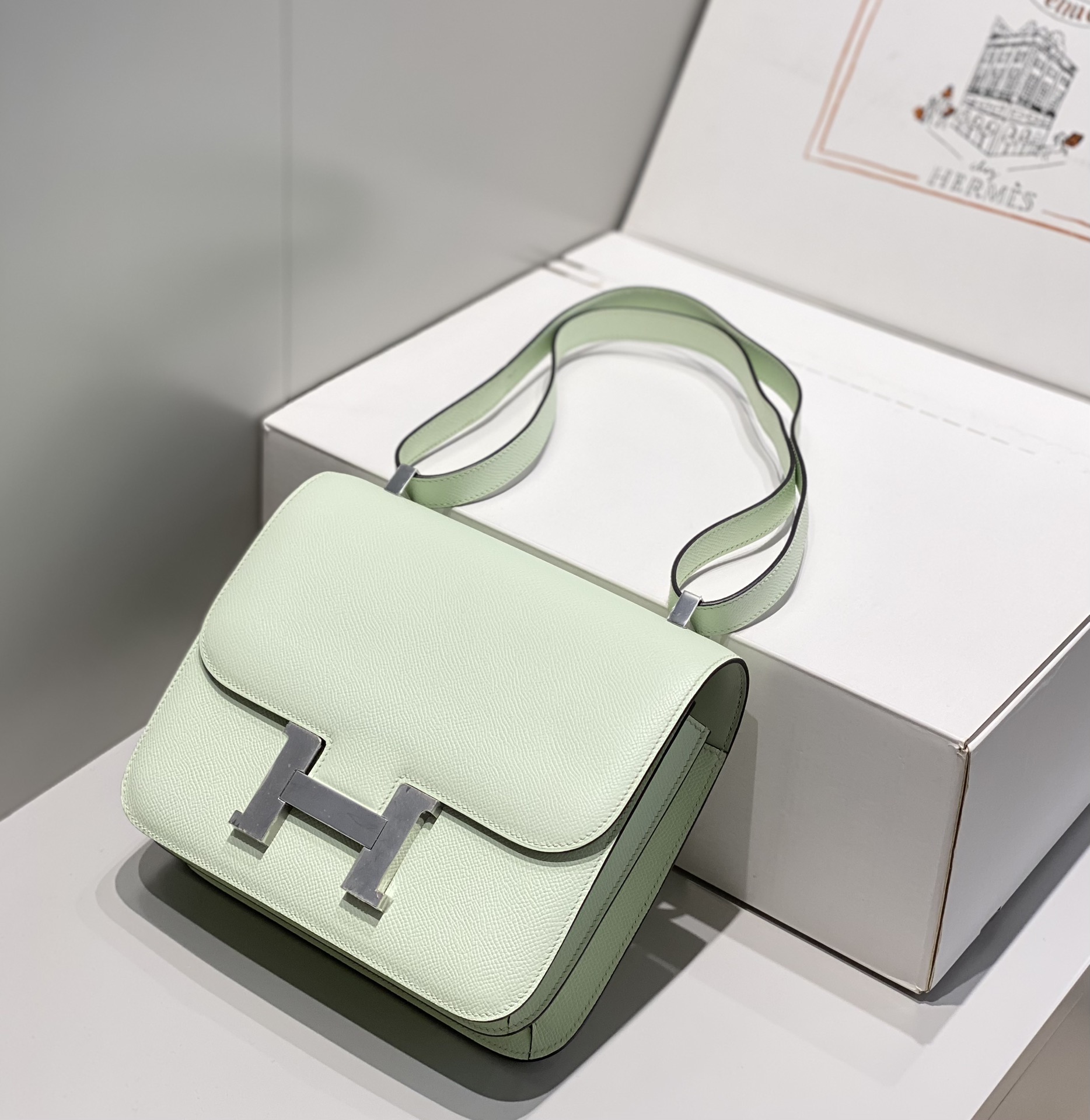 Hermes Constance 24cm Shoulder Bag In Pale Green Epsom Leather